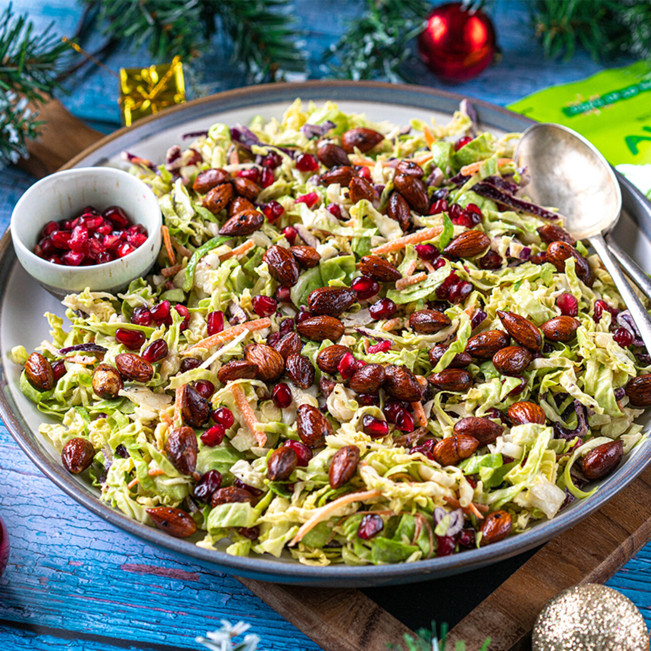 Brussel Sprouts Slaw with Spicy Almonds 