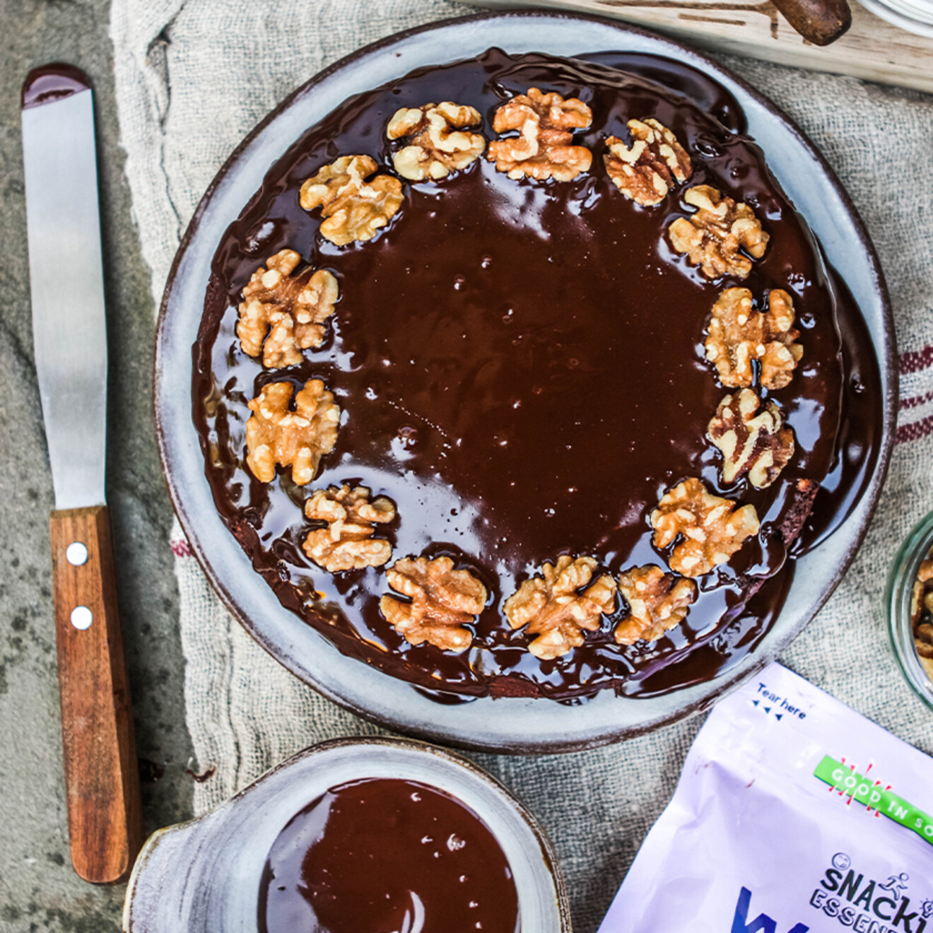 Rich chocolate walnut cake with ganache topping